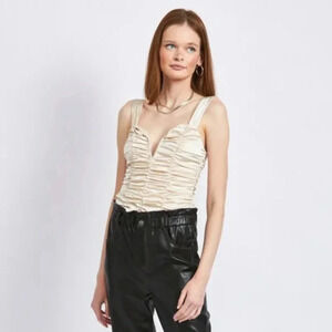 NWT Emory Park Glam Days Cream Sleeveless Ruched Satin Bodysuit Small